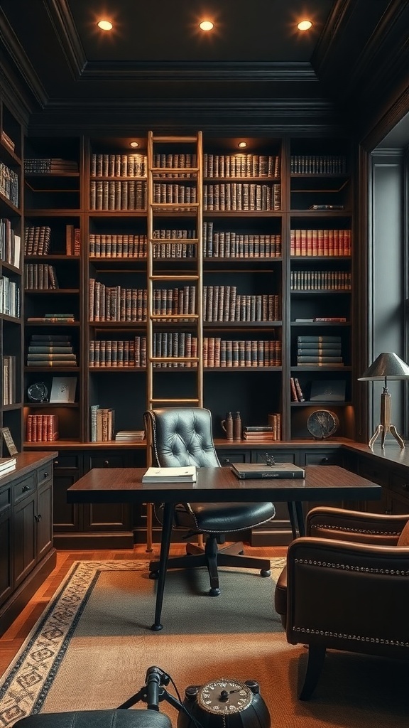 A masculine home office featuring built-in bookcases with a rolling ladder, a desk, and leather chairs.