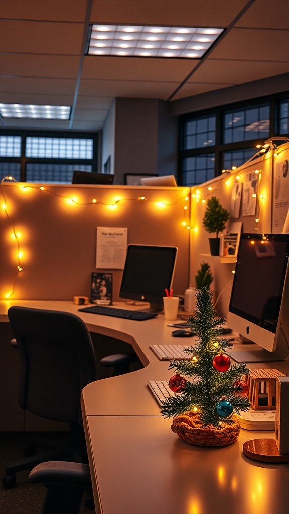 A cozy office cubicle decorated with string lights and a mini Christmas tree.