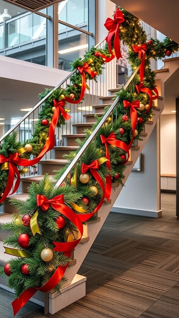 Stair railings decorated with festive ribbons and ornaments for holiday office decor.