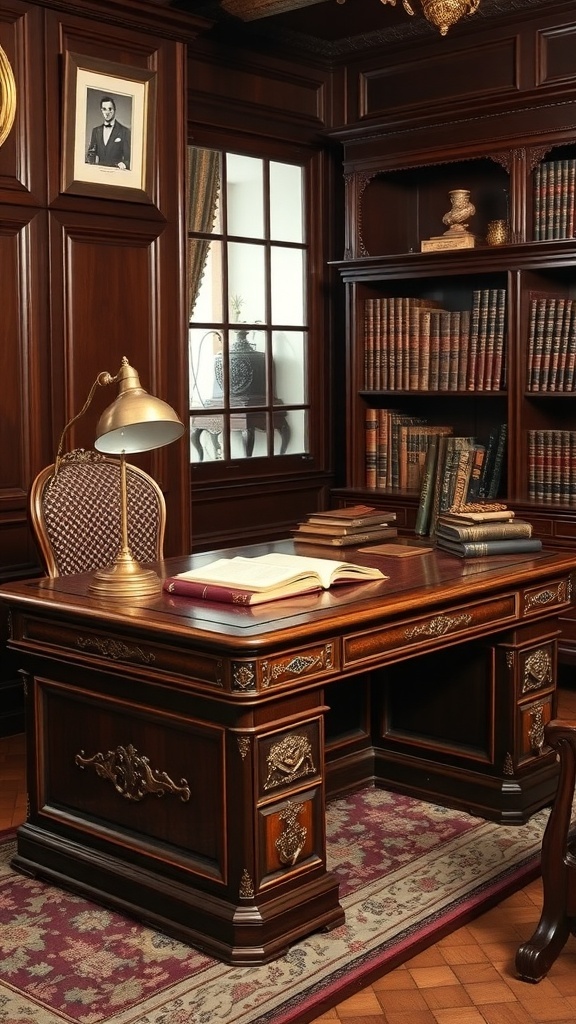 An antique writing desk with a lamp, books, and a cozy chair in a classic office setting.
