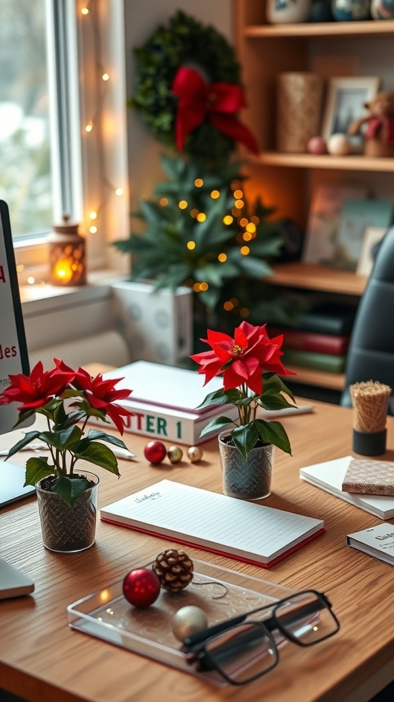 Two small poinsettia plants on a desk with holiday decorations.
