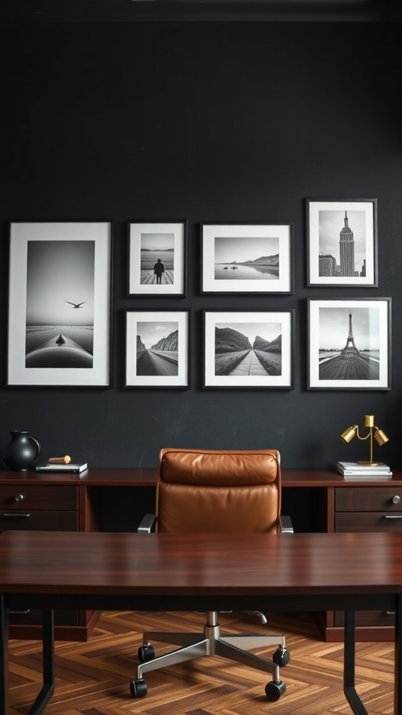 Gallery wall with black-and-white photography in a masculine office setting.