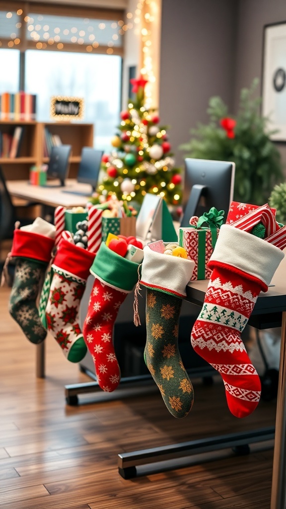 An office decorated for the holidays with colorful stockings hanging from desks and a mini Christmas tree in the background.