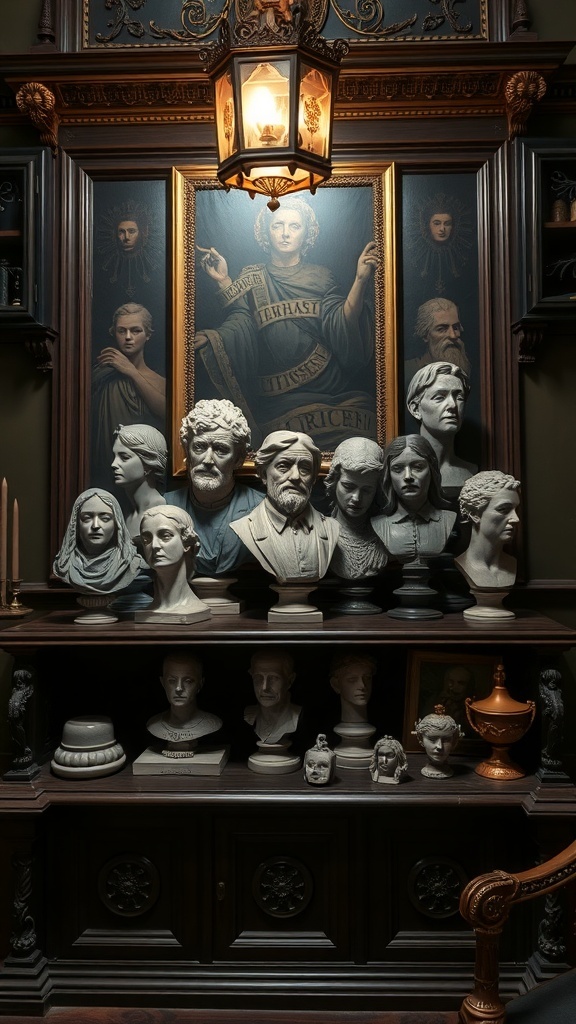 A collection of faux stone busts and statues displayed on a dark wooden shelf.