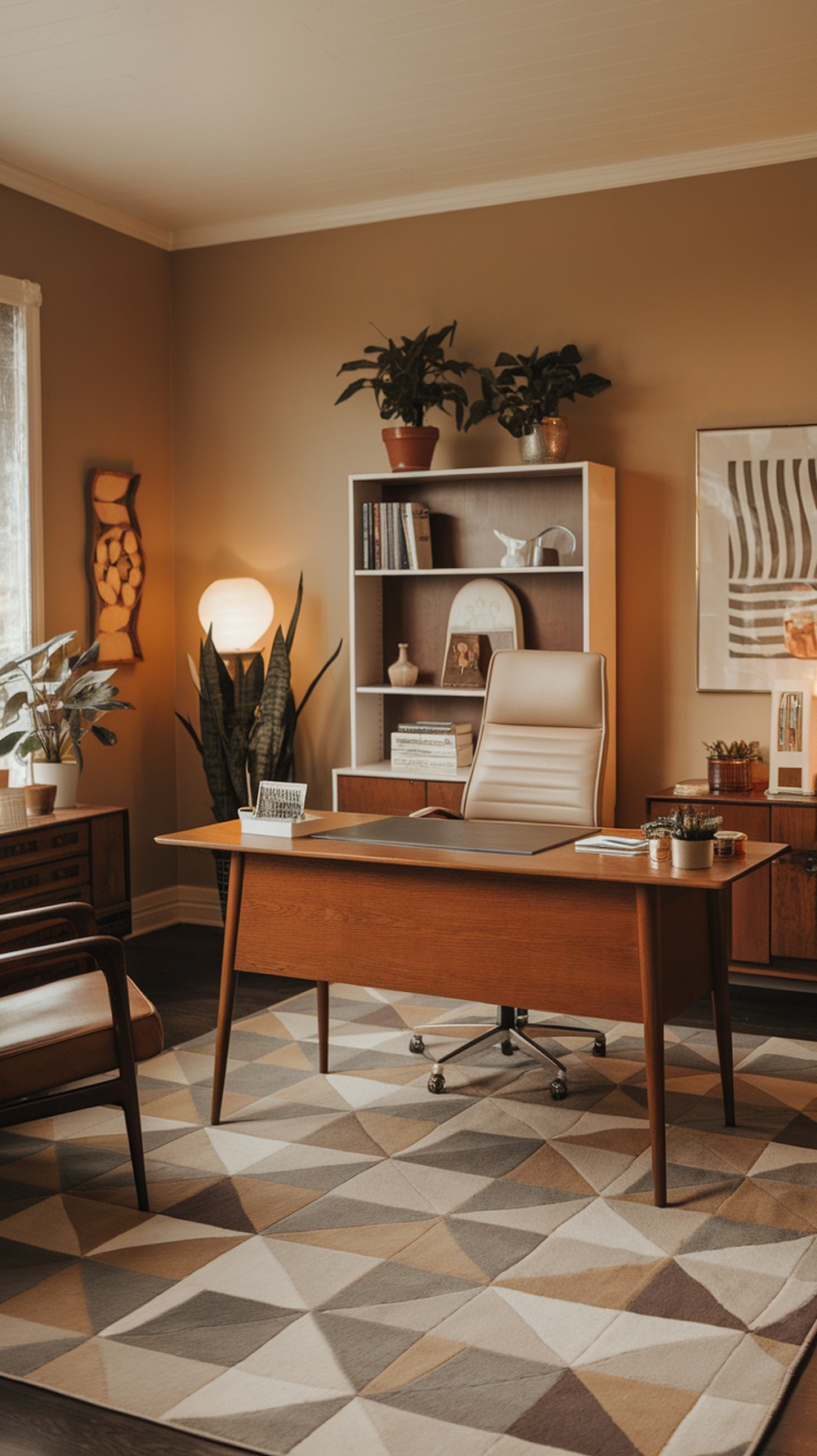 Mid century modern office with a geometric patterned area rug in muted tones.