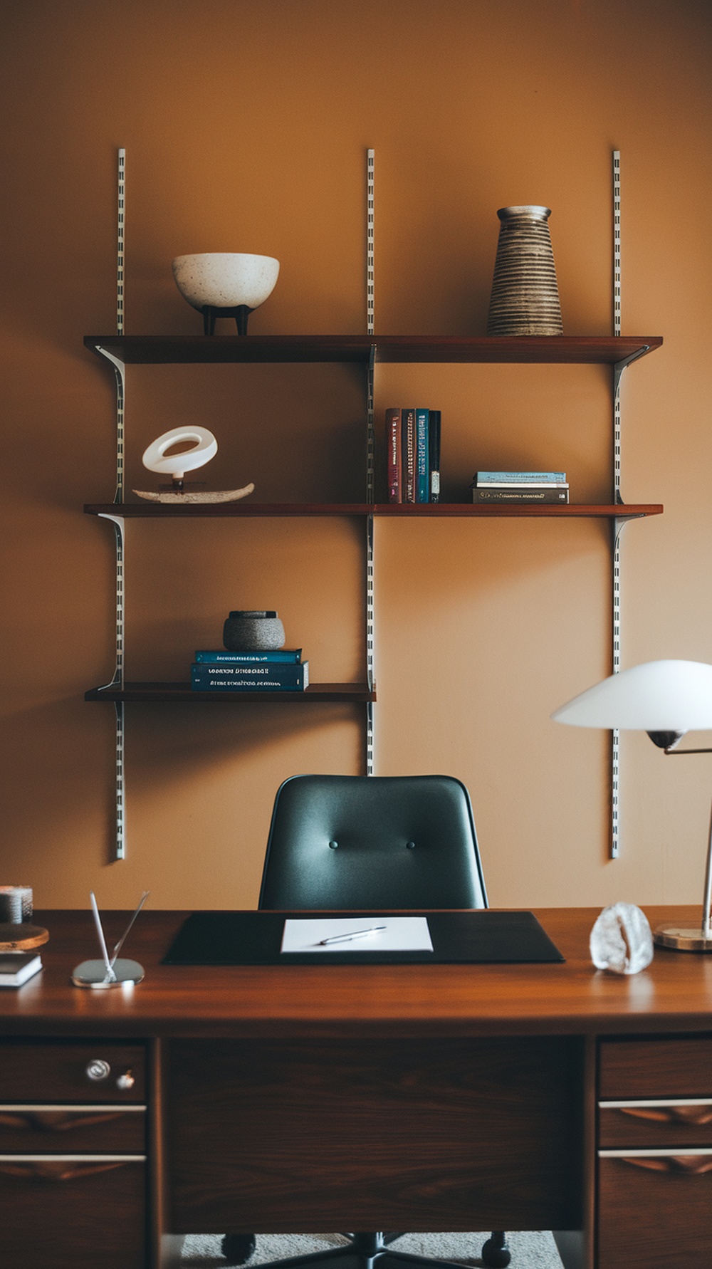 Mid century modern office with floating wall shelves displaying decorative items and books.