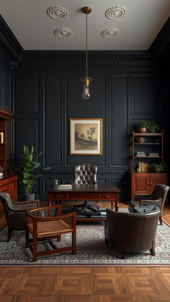 A masculine office with dark walls, wooden furniture, and elegant decor.
