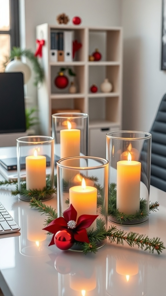 Decorative candle holders with LED candles surrounded by greenery and ornaments on a desk.