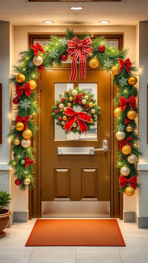 A festive office door decorated with greenery, ornaments, and bows, surrounded by employees admiring the decorations.