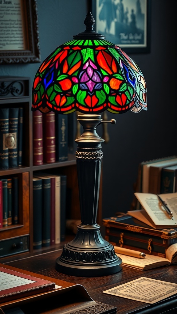 Stained glass desk lamp with dark jewel tones on a wooden desk