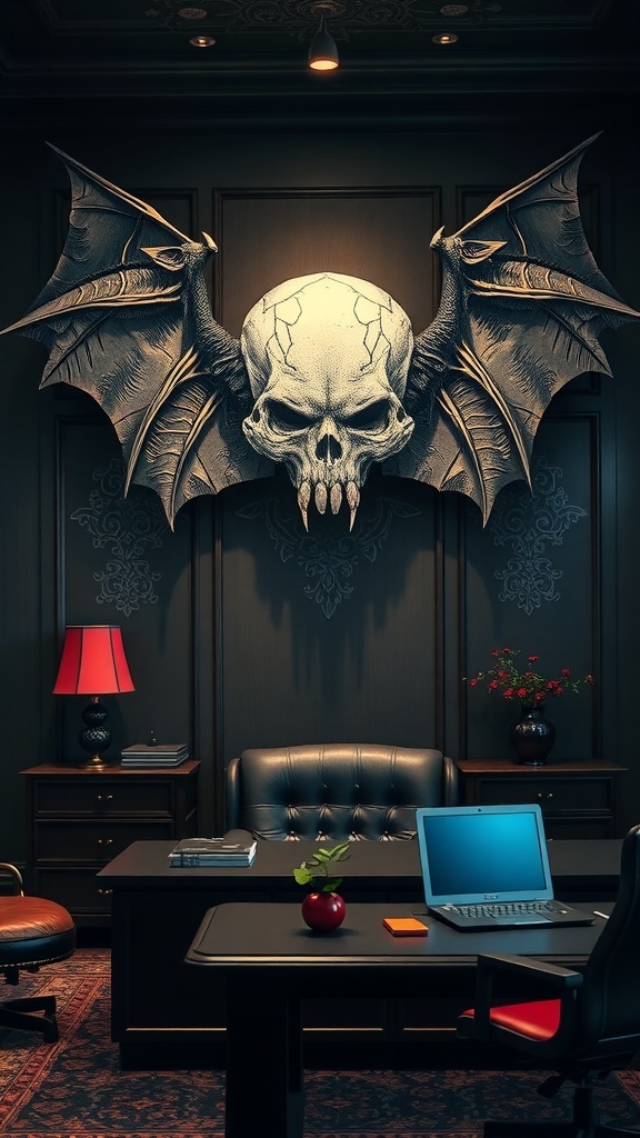 Oversized skull and bat wall art in a Gothic office setting.