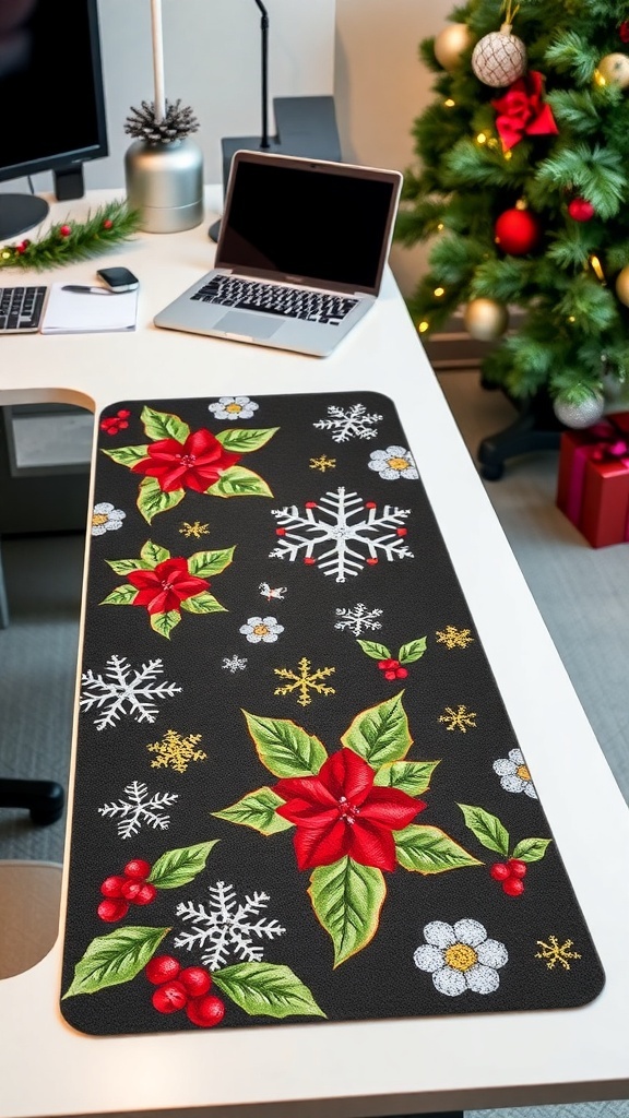 A holiday-themed desk mat with flowers and snowflakes on a workspace.