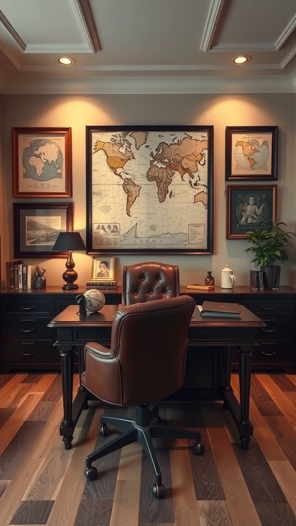 A masculine home office featuring framed vintage maps on the wall, a dark wooden desk, and a leather chair.