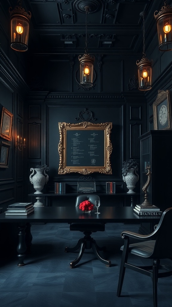 A dramatic Gothic office with a black accent wall, vintage decor, and warm lighting.
