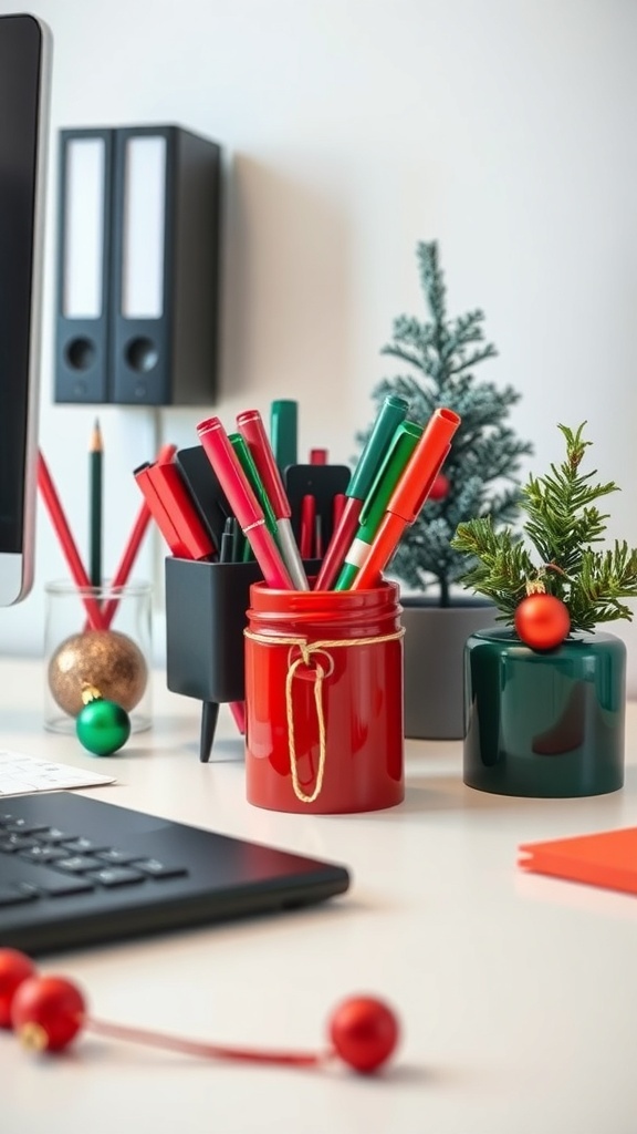 Red and green pen holders with pens and a mini Christmas tree on a desk.