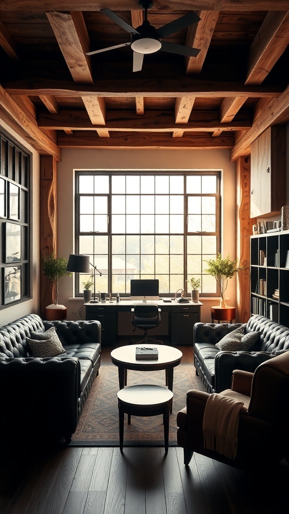 A masculine office with exposed wood beams, leather sofas, and a modern desk.