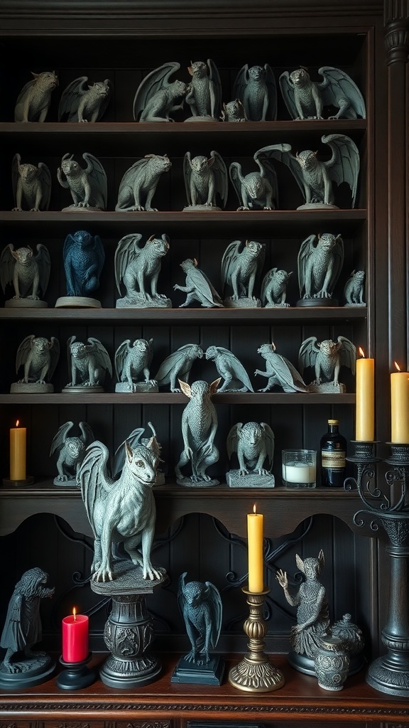 A collection of gargoyle figurines and small statues on shelves, adding a Gothic touch to office decor.