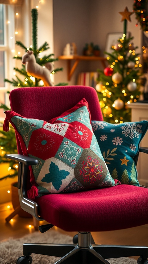 Cozy holiday throw pillows on office chairs in a festive setting.