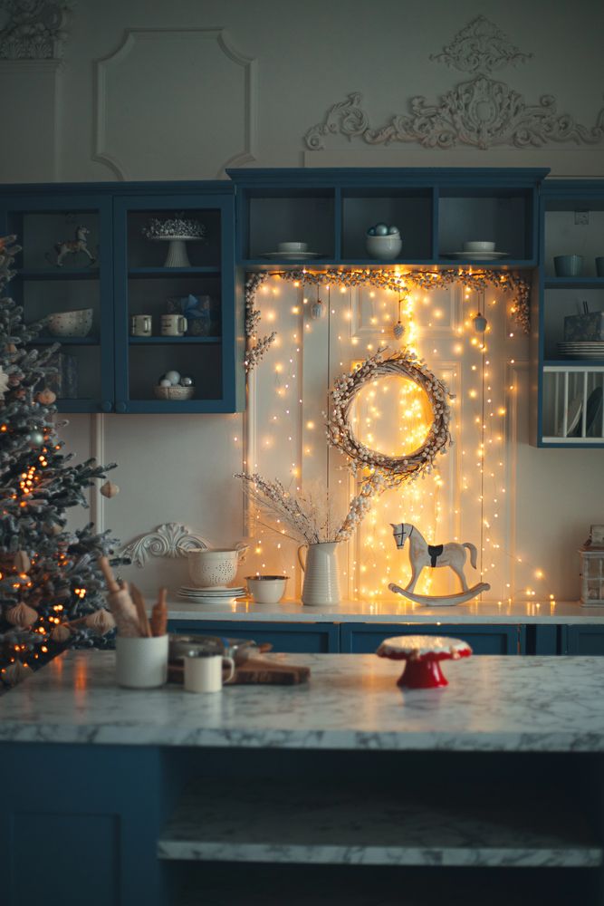 Twinkling String Lights Around Cabinets