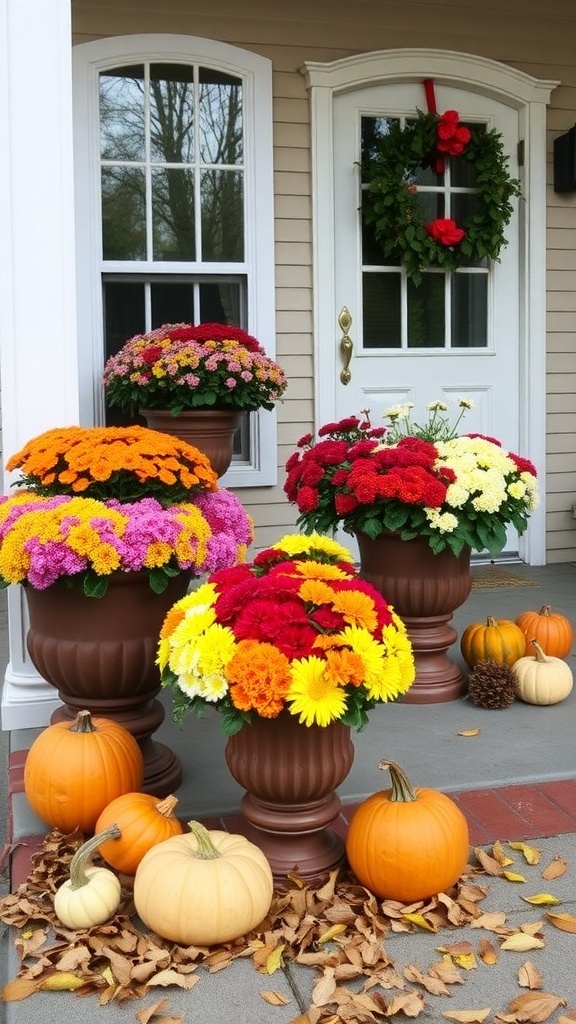 A front porch decorated with colorful mum planters and pumpkins for fall.
