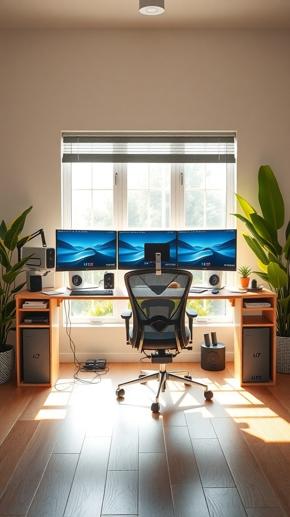 A modern home office setup featuring multiple monitors, a comfortable chair, and plants.