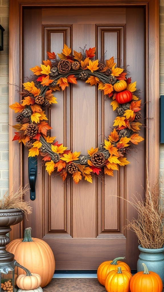 A beautiful harvest wreath made of colorful leaves and pinecones on a wooden door, surrounded by pumpkins.