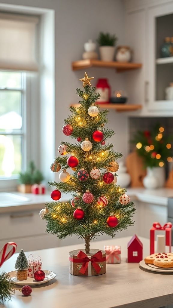 A mini Christmas tree decorated with ornaments and lights on a kitchen counter.