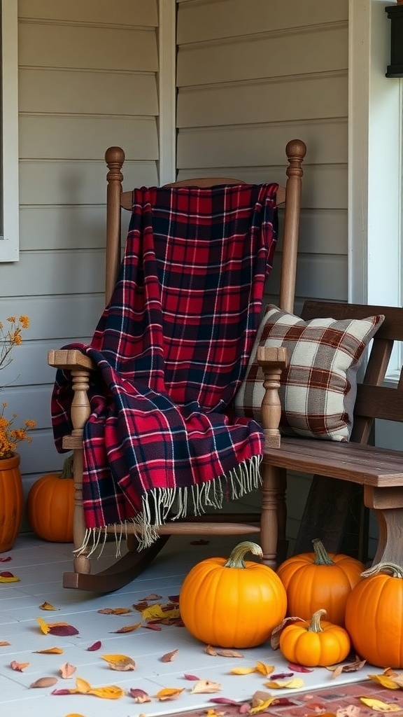 A plaid throw and pillow on a rocking chair with pumpkins on a fall porch.