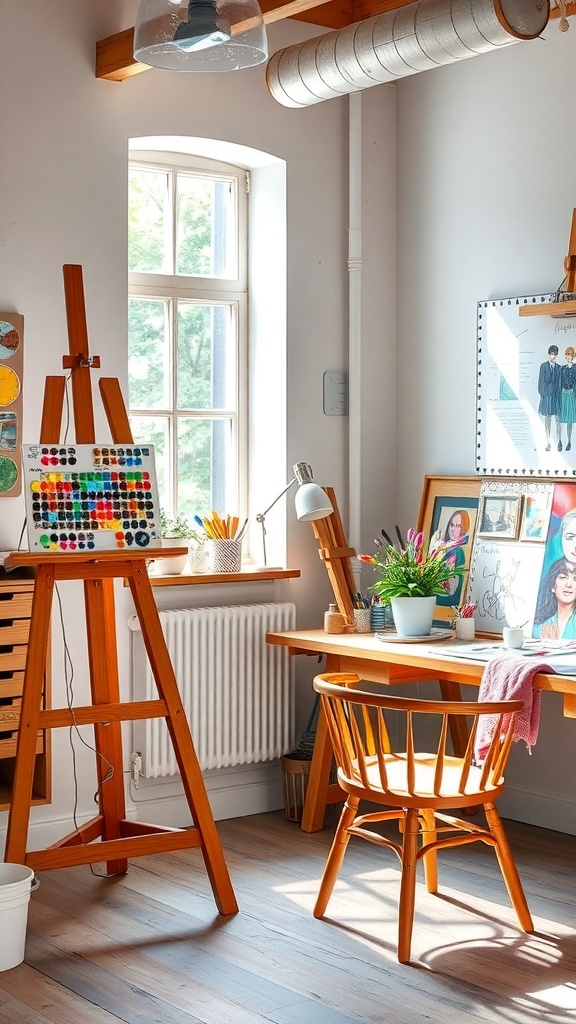 A bright and artistic home office setup with an easel, colorful decor, and art supplies.