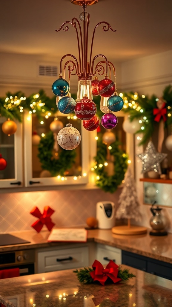 Colorful ornaments hanging from a light fixture in a festive kitchen setting.