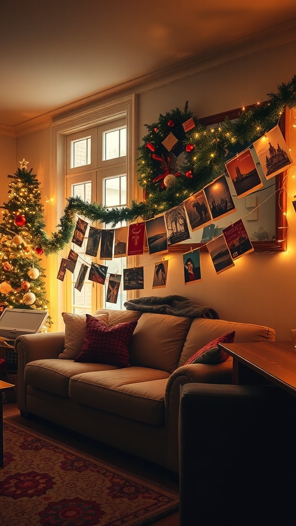 A cozy living room decorated with a vintage postcard garland and a Christmas tree.