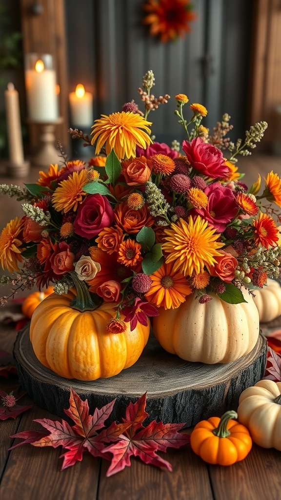 A beautiful centerpiece featuring pumpkins and colorful flowers, perfect for Thanksgiving table decor.