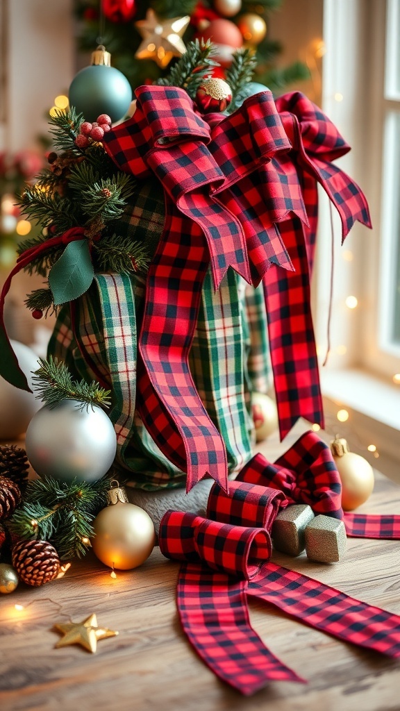 Classic red and green plaid ribbons used in vintage Christmas decor.