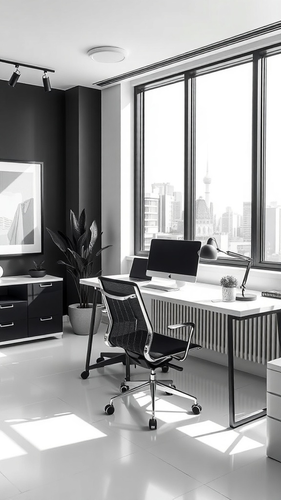 A minimalist black-and-white home office featuring sleek furniture and large windows.