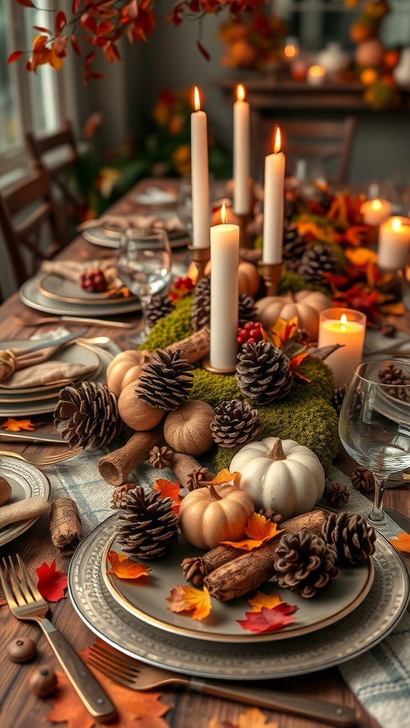Woodland-themed Thanksgiving table decor with pinecones, pumpkins, and autumn leaves.