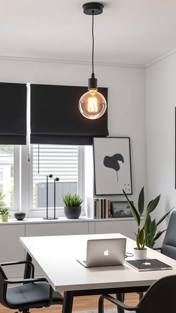 A contemporary home office featuring a statement pendant light fixture, sleek furniture, and plants.