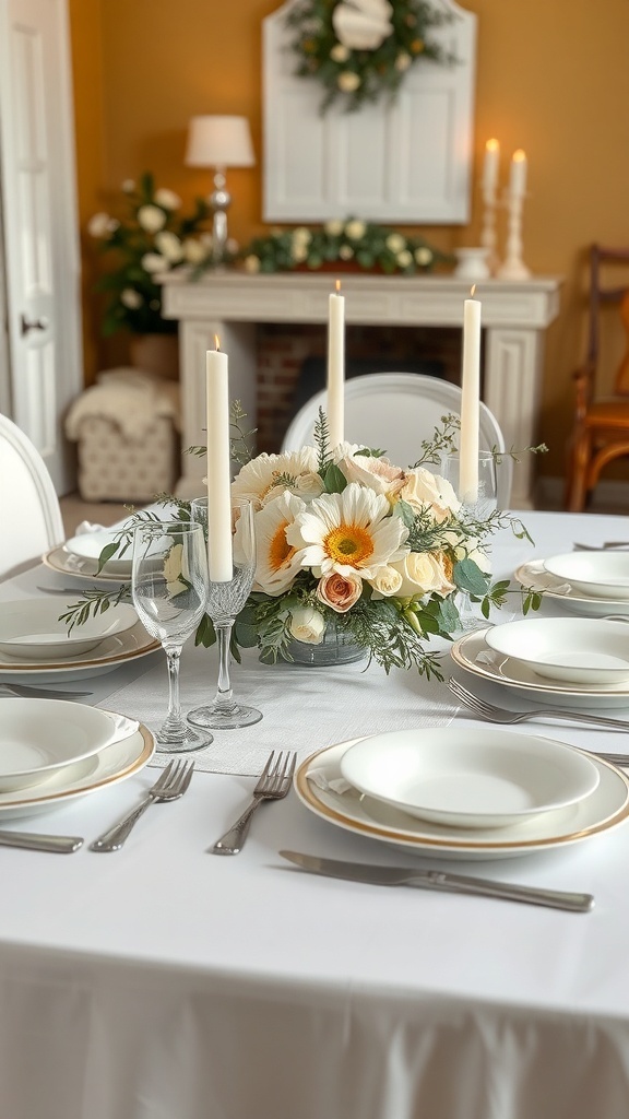 An elegant all-white Thanksgiving table setting with candles and a floral centerpiece.