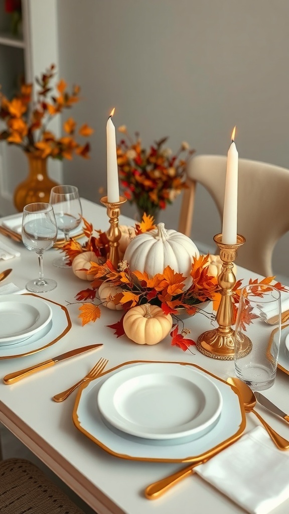 Thanksgiving table setting with gold and white theme, featuring pumpkins and autumn leaves.