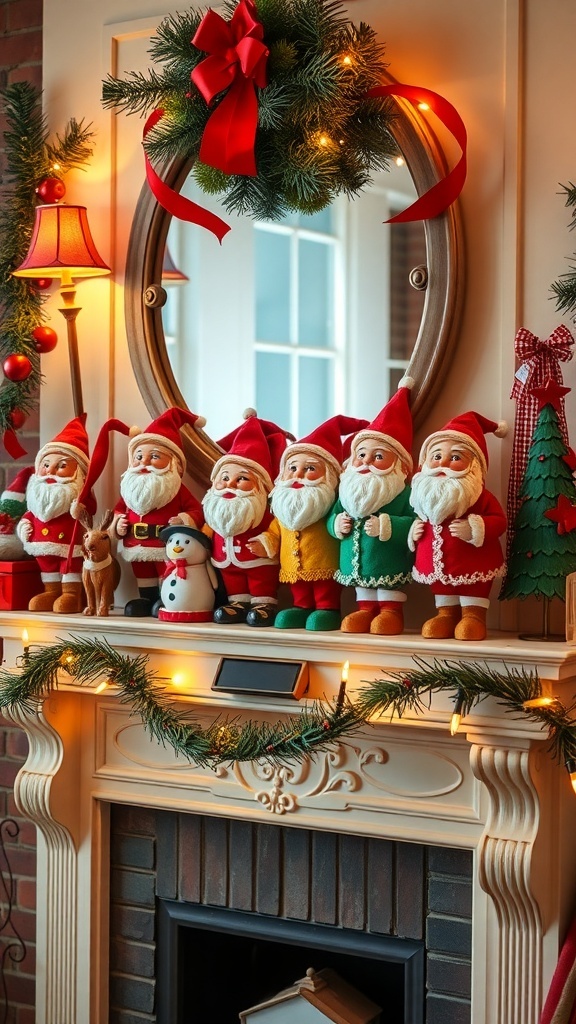 A collection of vintage Santa figurines on a mantel, surrounded by holiday decorations.
