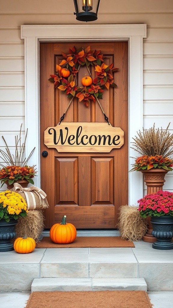 A rustic wooden welcome sign on a fall front porch decorated with pumpkins and flowers.