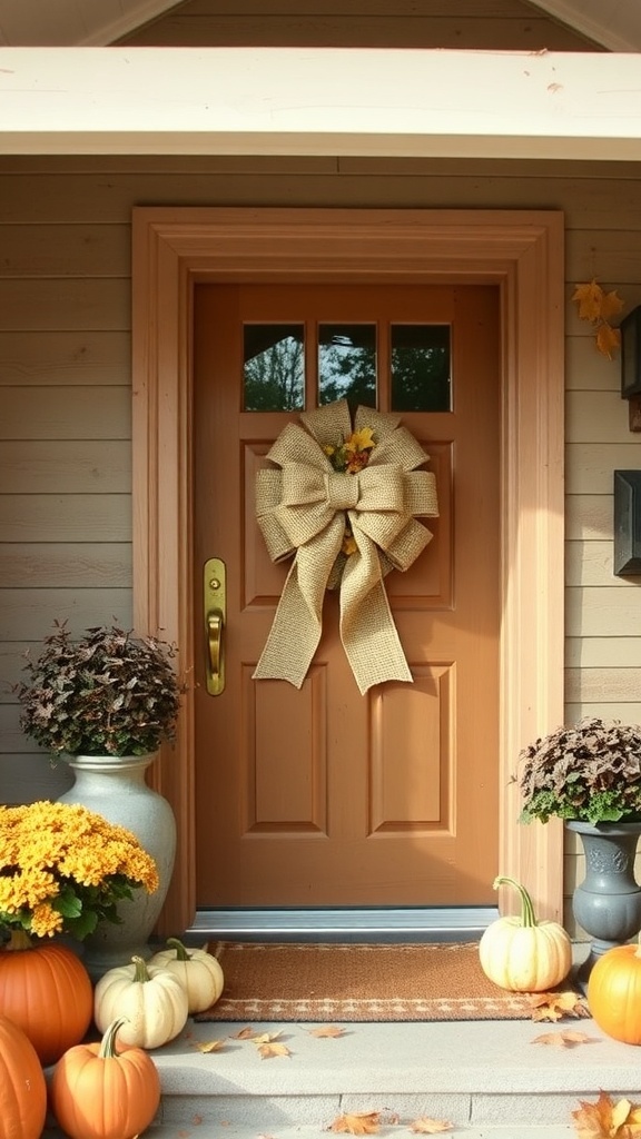 A front door decorated with a burlap bow and fall decor including pumpkins and autumn leaves.