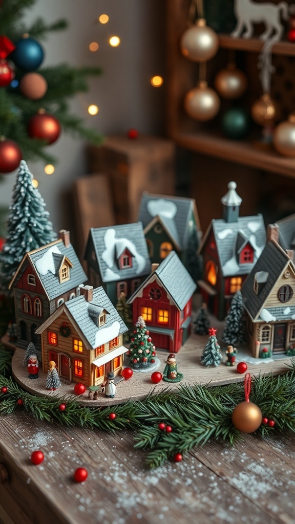 A charming old-fashioned Christmas village display with miniature houses and decorations.