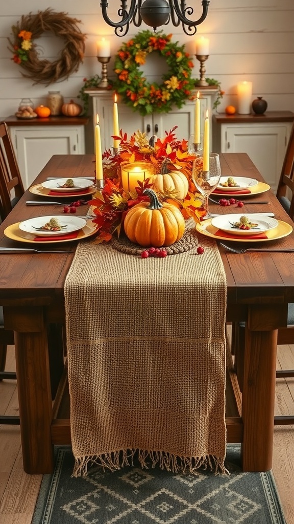 Rustic farmhouse Thanksgiving table with burlap runner and fall decorations.