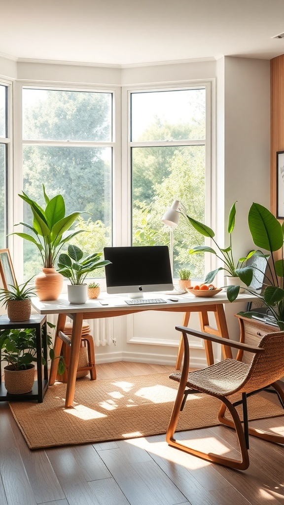 A bright and cozy home office with plants and a view of nature.