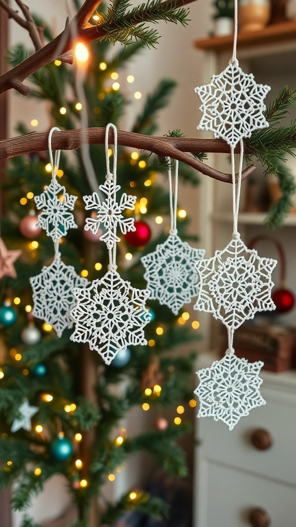 Handmade crochet snowflake ornaments hanging on a tree