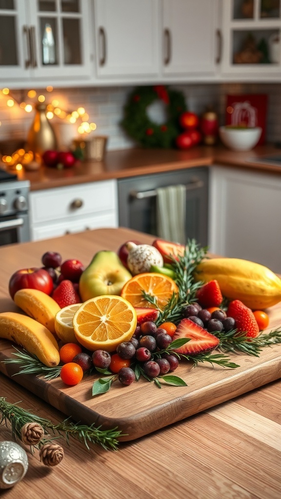 A beautifully arranged wooden cutting board with fruits and greenery, set in a cozy Christmas kitchen.