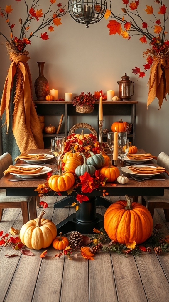 A beautifully decorated Thanksgiving table featuring pumpkins, autumn leaves, and warm colors.