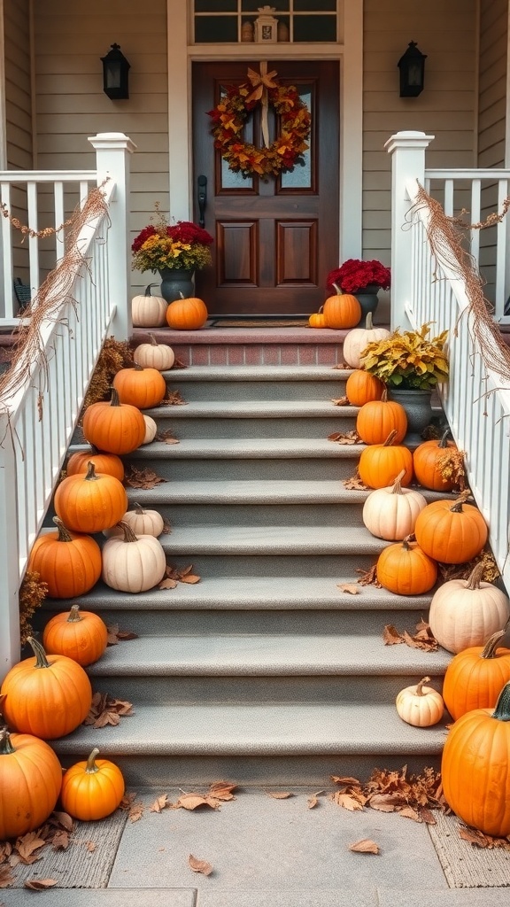 A front porch decorated with various pumpkins on the stairs, showcasing fall decor.