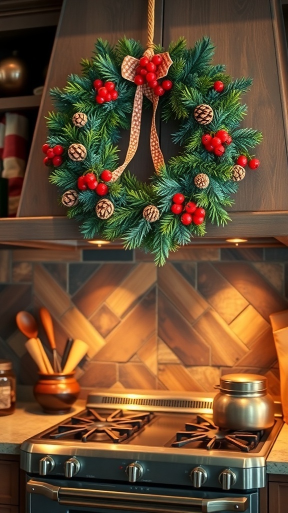 A festive holiday wreath adorned with red berries and pinecones, hanging above a stove in a cozy kitchen.