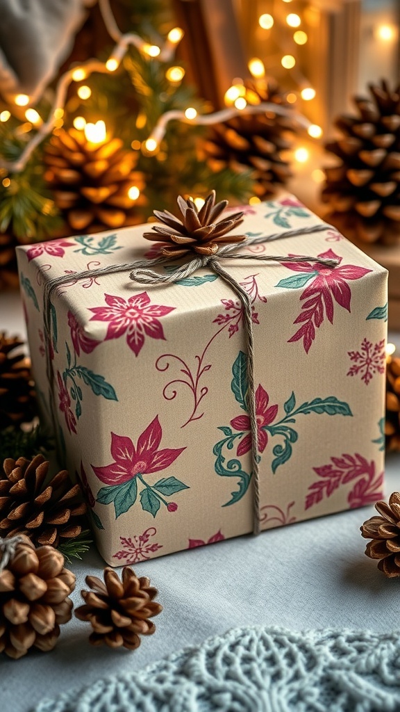 A beautifully wrapped gift with vintage-inspired floral wrapping paper, adorned with a pinecone on top, surrounded by pinecones and fairy lights.